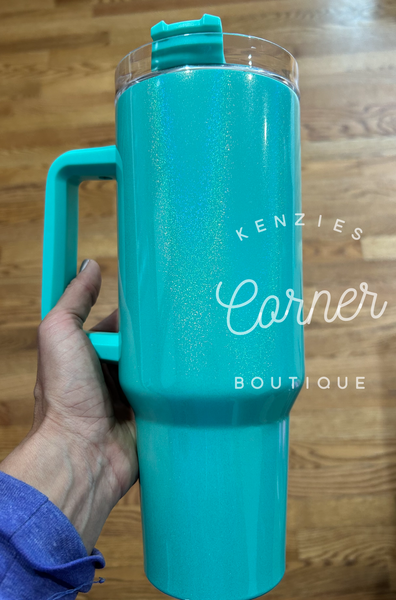 Blank colored handle 40 ounce gloss SHIMMER tumbler for sublimation (clear lid)