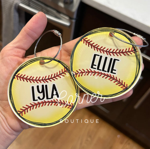 Customized Sport bag tag softball, basketball, baseball, soccer, volleyball, golf, football