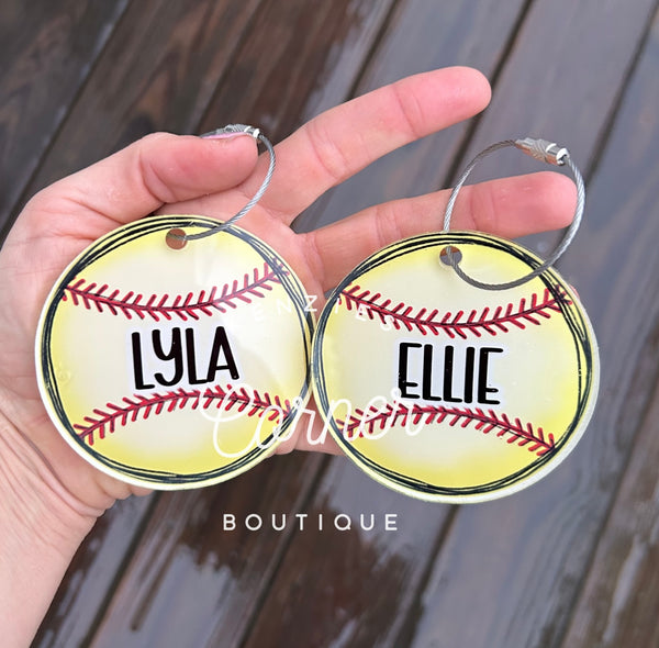 Customized Sport bag tag softball, basketball, baseball, soccer, volleyball, golf, football