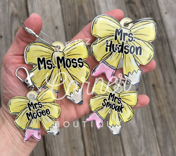 Blank Acrylic pencil bow bag tag or keychain ARA