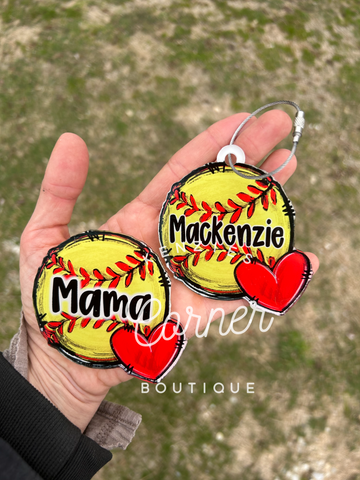 Blank Acrylic softball with heart bag tag or charm