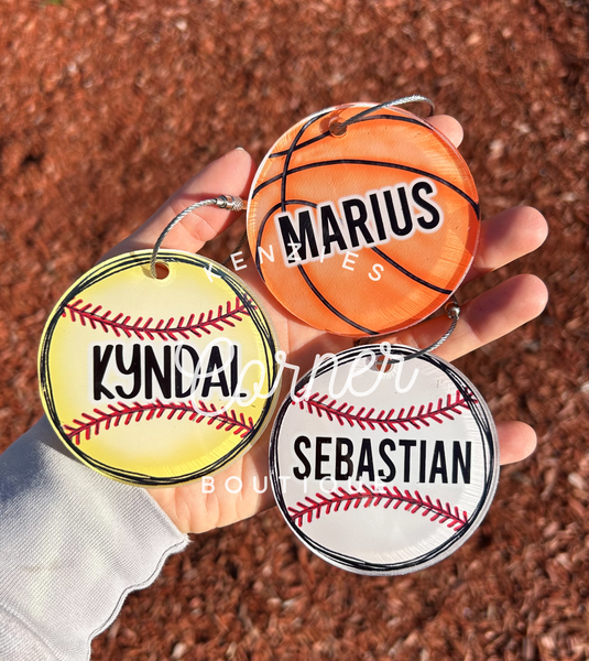 Customized Sport bag tag softball, basketball, baseball, soccer, volleyball, golf, football