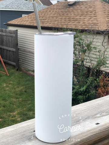 Blank 20 ounce white MATTE straight skinny tumblers for sublimation- metal straw